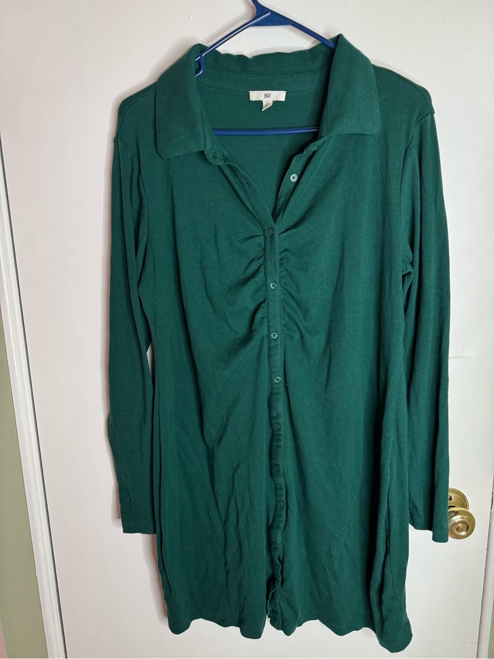 bp Deep Green Long-Sleeve Button Down Shirt Dress